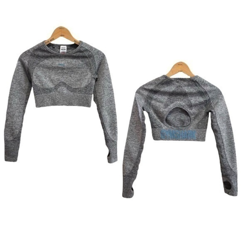 Gymshark Gray Flex Sports Long Sleeve Athletic Cutout Crop Top Small - Picture 1 of 14